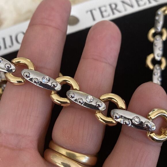 NEW! Bijoux Terner Two Tone Silver & Gold Tone Choker & Earrings Set 4 CZ Stones - Picture 2 of 7